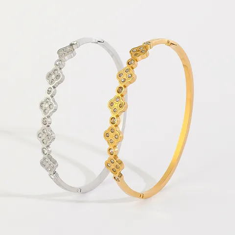 Eleganter Edelstahl Kleeblatt Armreif Für Damen Gold Silber Plattiert Zirkonia Eingelegt Hohl Blume Armband Mode Schmuck