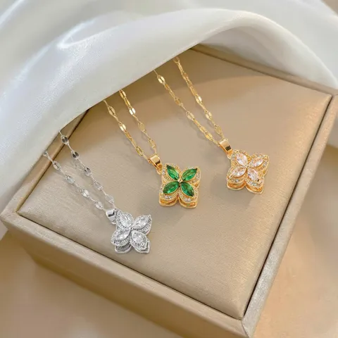 Minimalist Stainless Steel Rotating Flower Pendant Necklace For Women Gold Silver Plated Zirconia Rotating Clover Jewelry Gift