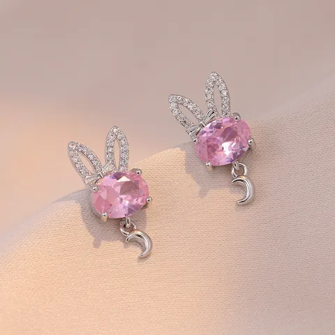 Women Sweet Pink Zirconia Bunny Rabbit Moon Pendant Necklace Earrings Set Titanium Steel Fashion Commute Jewelry Set Daily Gift