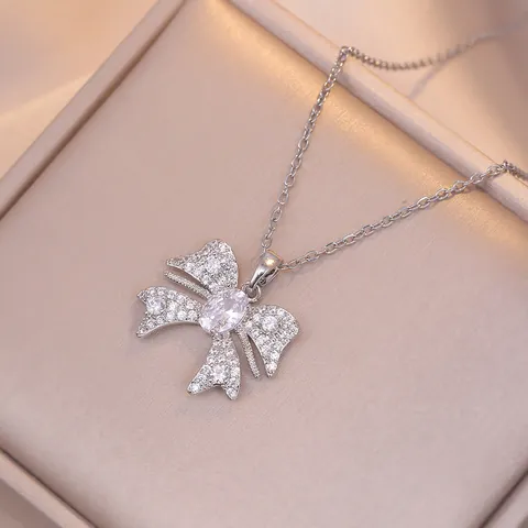 Collier Pendentif Noeud Papillon Acier Inoxydable Zircon Brillant Chaîne De Clavicule Minimaliste Bijoux De Luxe Pour Femmes
