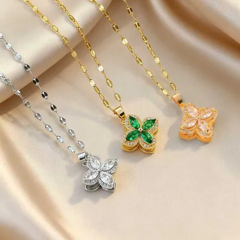 Minimalist Stainless Steel Rotating Flower Pendant Necklace For Women Gold Silver Plated Zirconia Rotating Clover Jewelry Gift