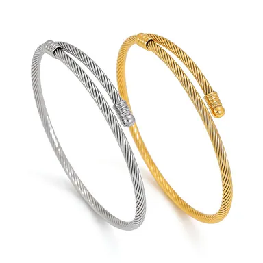 Minimalist Stainless Steel Twisted Cable Open Bangle Bracelet Gold Silver Plated Spiral Wire Cuff Jewelry For Women