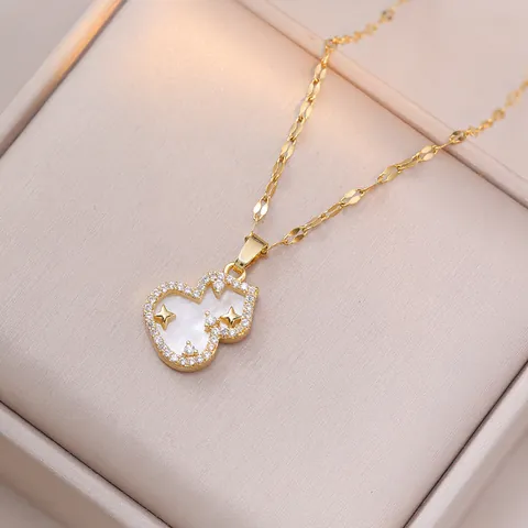 Vintage Wu Lou Pendant Necklace Titanium Steel Gilded Gourd Inlaid Zircon Mother Of Artificial Pearl Star Luxury Style Women
