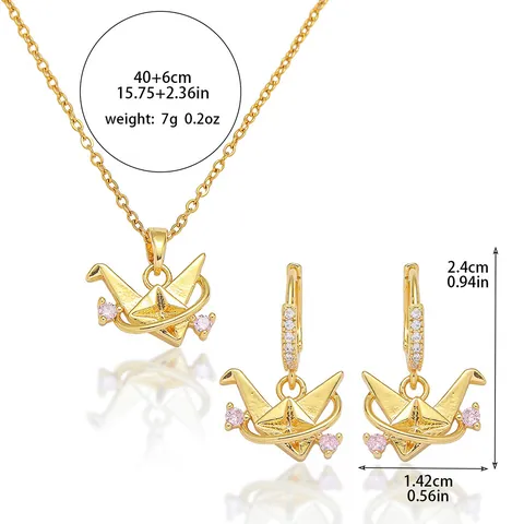 Origami Kraanvogel Hanger Ketting En Oorbellen Titanium Staal Verguld Roze Zirkonia Verfijnde Sieraden Voor Dames