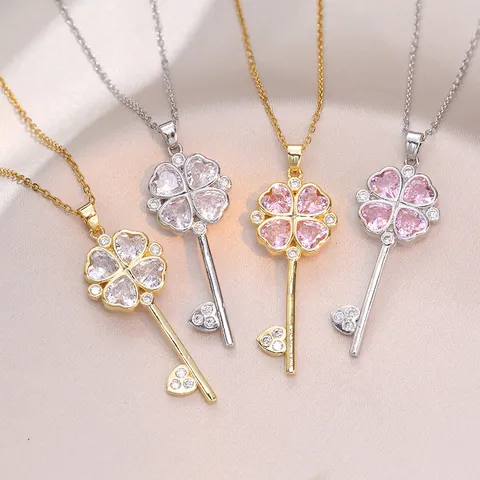 Key Pendant Necklace Titanium Steel Heart Four Leaf Clover Zirconia Elegant Fashion Jewelry For Women