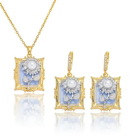 Vintage Sonnenblume Ölgemälde Schmuckset Titanstahl Kupfer Vergoldet Emaille Blume Anhänger Halskette Ohrringe Perlenimitat Elegantes Geschenk Damen