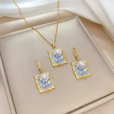 Vintage Sonnenblume Ölgemälde Schmuckset Titanstahl Kupfer Vergoldet Emaille Blume Anhänger Halskette Ohrringe Perlenimitat Elegantes Geschenk Damen