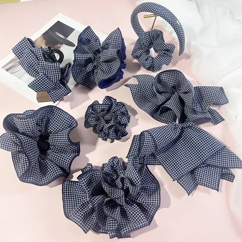 Korean Style Navy Blue Gingham Hair Accessories Set Fabric Bow Hair Clip Large Scrunchie Headband For Women Elegant Hair Decoration