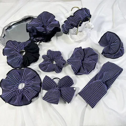 Collezione Accessori per Capelli in Maglia a Righe Viola Nero Scrunchie Plicsettato Fascia per Capelli per Donna Moda Quotidiana