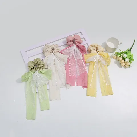 Damen Süße Spitze Schleife Streamer Scrunchie Plissee Stoff Lange Band Haargummi Elegante Florale Pastorale Stil Haarschmuck