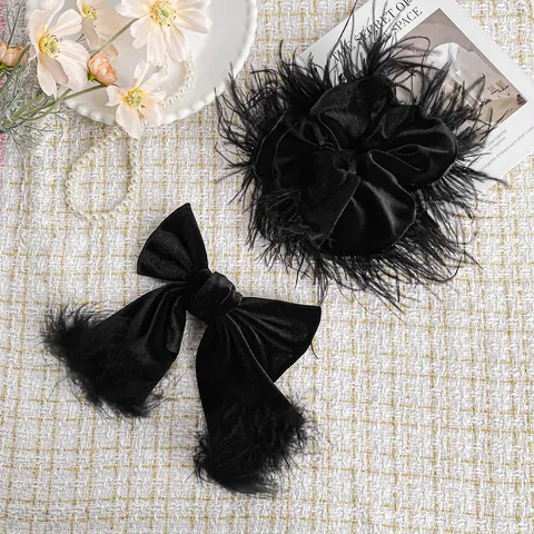 French Vintage Black Velvet Bow Hair Clip And Feather Scrunchie Large Bow Spring Clip Elegant Hair Accessories For Women