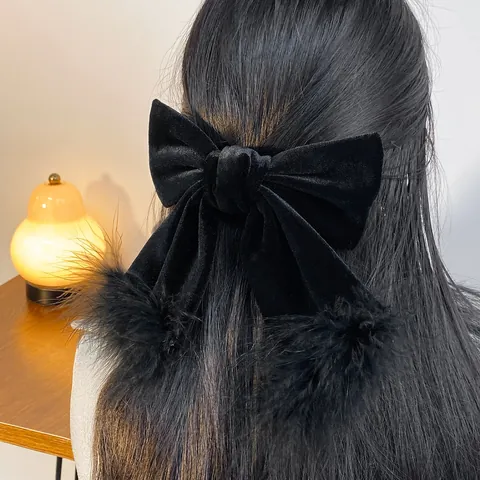 French Vintage Black Velvet Bow Hair Clip And Feather Scrunchie Large Bow Spring Clip Elegant Hair Accessories For Women
