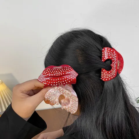 Pince À Cheveux Élégante En Acétate Acrylique Forme De Cœur Lèvres Strass Perle Accessoire De Coiffure Femme Cadeau Saint Valentin