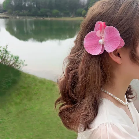 Fermaglio per Capelli Fiore di Orchidea Phalaenopsis Dolce con Perla Artificial d'Imitazione Clip a Becco d'Anatra Sfumata per Donna