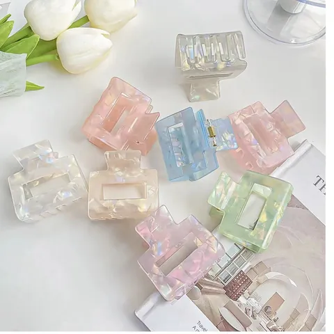 Pinces à Cheveux Carrées Creuses Style Coréen Irisé Sirène Géométrique Nacré PVC Accessoires pour Cheveux Femmes