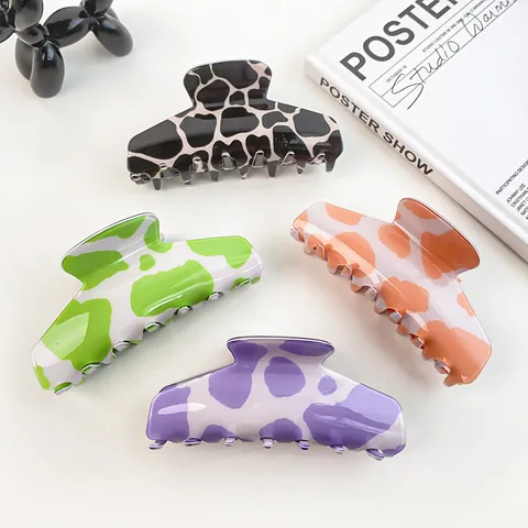Pince à Cheveux Grande Rétro Français PVC Imprimé Zèbre Vache Motif Marguerite Pince Requin pour Accessoires Coiffure Femme