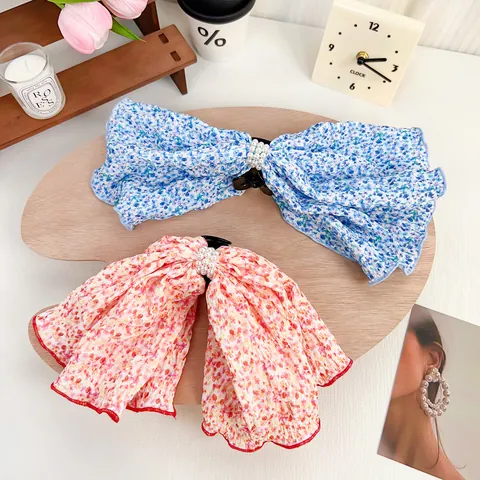 Pinza de Pelo para Mujer con Lazo Floral Grande de Tela Elegante Incrustación de Perlas Artificiales de Imitación Accesorios de Pelo