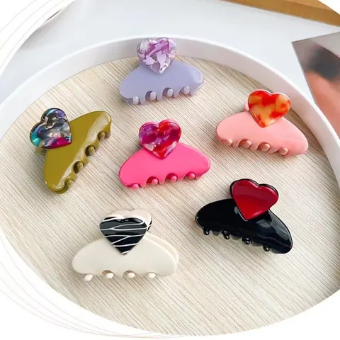 Pinza para el Cabello de Acetato Con Corazón en Patchwork Patrón de Mármol y Rayas Accesorios para el Cabello de Mujer