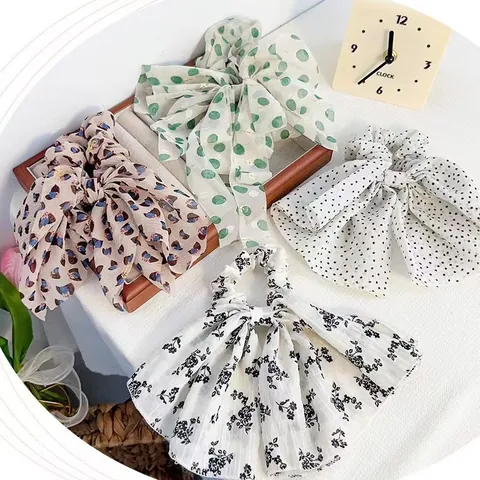 Vintage Chiffon Bow Hair Scrunchie Floral Polka Dot Star Print High Elastic Hair Tie For Women Girls Hair Accessories