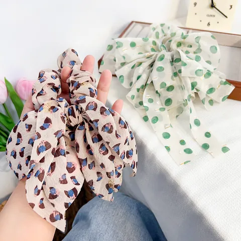 Vintage Chiffon Bow Hair Scrunchie Floral Polka Dot Star Print High Elastic Hair Tie For Women Girls Hair Accessories