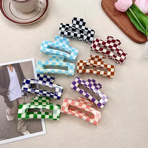 Pince à Cheveux Motif Damier en PVC Grande Rectangulaire Géométrique Shark Clip Pour Femmes Style Coréen Minimaliste Accessoire Cheveux Outil Coiffage