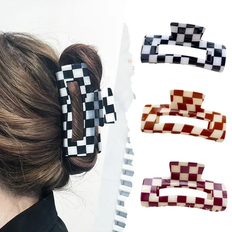 Pince à Cheveux Motif Damier en PVC Grande Rectangulaire Géométrique Shark Clip Pour Femmes Style Coréen Minimaliste Accessoire Cheveux Outil Coiffage