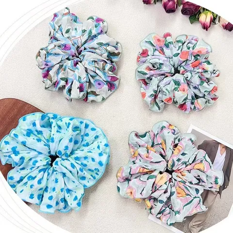 Vintage Floral Chiffon Large Scrunchies Elegant Oversized Hair Ties Elastic Fabric Scrunchy For Women Fashion Hair Accessories