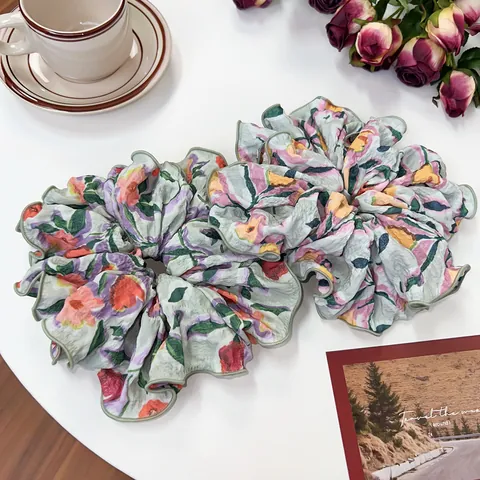 Vintage Floral Chiffon Large Scrunchies Elegant Oversized Hair Ties Elastic Fabric Scrunchy For Women Fashion Hair Accessories