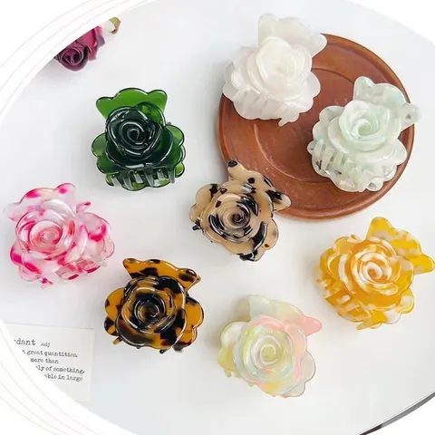 Pince à Cheveux Fleur de Rose en Acétate Rétro pour Femme Élégante Pince à Requin Florale 3D Accessoires Cheveux
