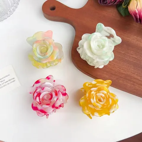 Pince à Cheveux Fleur de Rose en Acétate Rétro pour Femme Élégante Pince à Requin Florale 3D Accessoires Cheveux