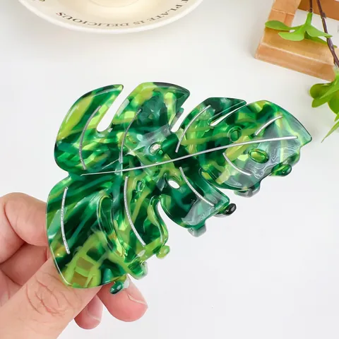 Monstera Leaf Acetate Hair Claw Clip Nonslip Strong Hold Marble Texture Iridescent Shark Clip Hair Accessory For Women
