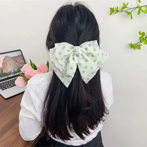Fresh Light Green Polka Dot Bow Hair Accessories For Women Sweet Floral Plaid Scrunchies Ribbon Hair Ties Lace Pearl Rhinestone Hairpins Ladylike Hair Clips