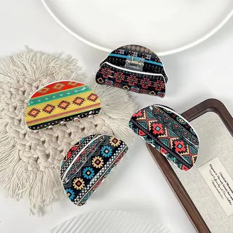 Pince à Cheveux Demi-Ronde Style Ethnique Bohème en Acrylique Motif Géométrique Accessoire de Cheveux pour Femmes