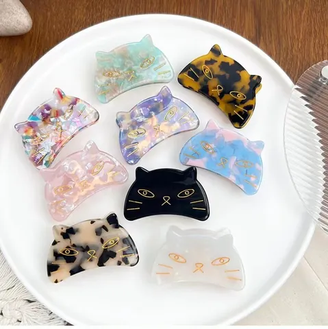 Pince à Cheveux Chat en Acétate pour Femmes Animal Mignon Texture Marbre Écaille de Tortue Détails Visage Chat Doré Accessoires de Coiffure