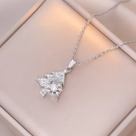 Rotatable Christmas Tree Snowflake Pendant Necklace Stainless Steel Micro Inlaid Zircon Clavicle Chain Gift For Women