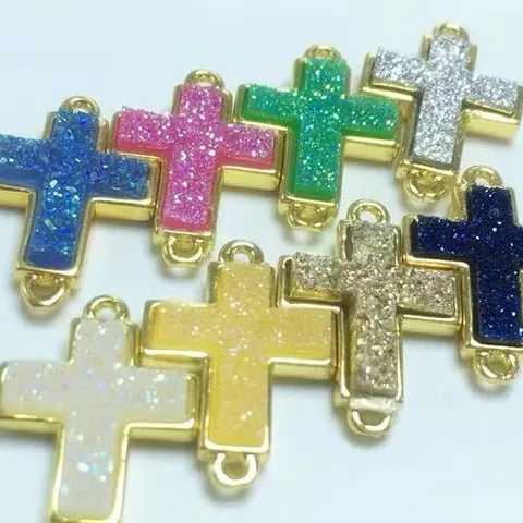 Gold Plated Copper Cross Pendant Connectors With Druzy Resin Center For DIY Necklace Bracelet Earrings Jewelry Making Accessories