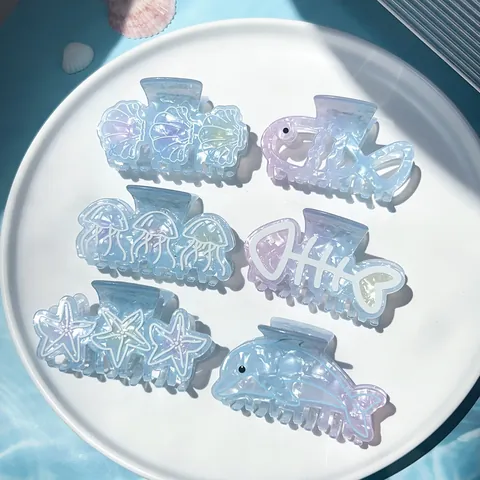Ocean Series Imitation Acetate Hair Claw Iridescent Gradient Blue Dolphin Starfish Shell Fishbone Shark Clip Hair Accessories