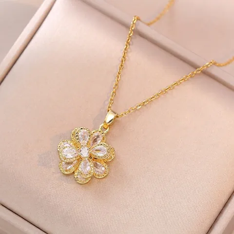 Rotating Flower Zircon Titanium Steel Jewelry Necklace Ring For Women Gold Silver Rhinestone Elegant Fashion Accessories