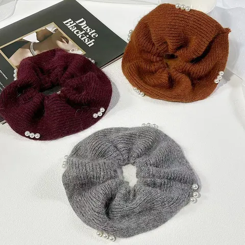 Elegant Knitted Woolen Yarn Scrunchies Large Hair Ties With Faux Artificial Pearl Fashion Headwear Hair Accessories For Women Girls