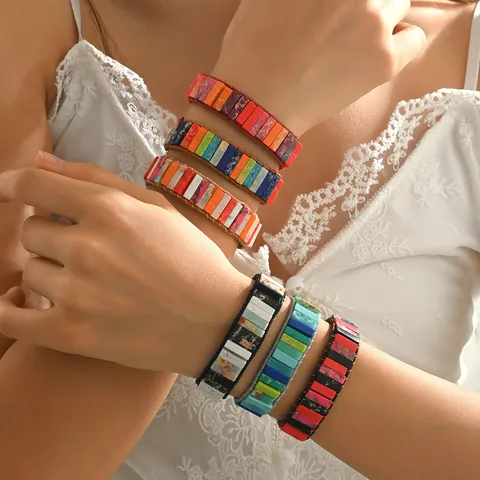 Bohemian Naturstein Perlen Armband Für Damen Handgefertigtes Weberei Lederband Armband Mit Vintage Metallknopf Ethnischer Schmuck