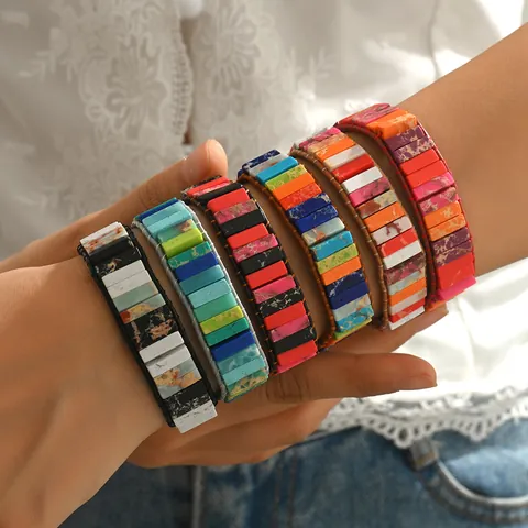 Bohemian Naturstein Perlen Armband Für Damen Handgefertigtes Weberei Lederband Armband Mit Vintage Metallknopf Ethnischer Schmuck