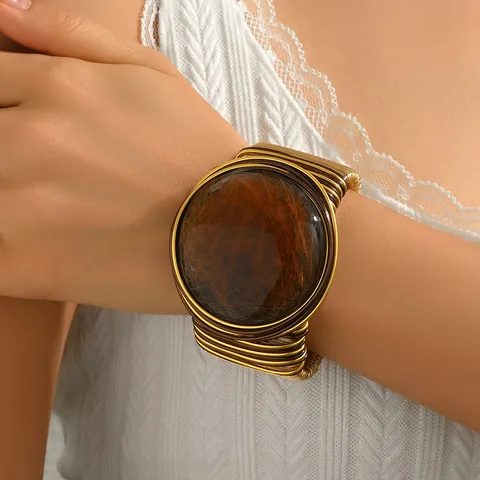 Brazalete Ancho Vintage Boho para Mujer Aleación de Zinc Chapado en Oro Alambre Enrollado Piedra Preciosa Marrón Sintética Joyería Étnica