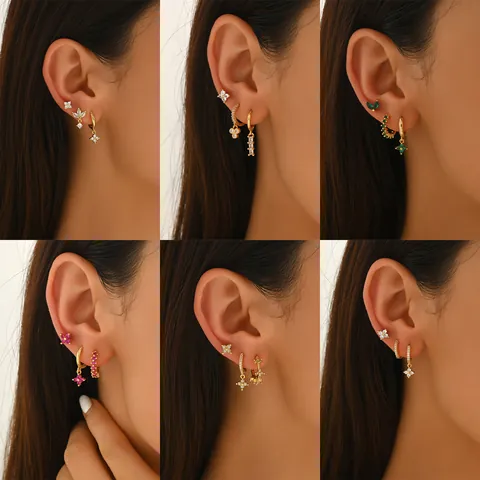 Fashion Copper Zirconia Geometric Earring Set For Women Gold Plated Flower Stud Hoop Earrings With Stainless Steel Post