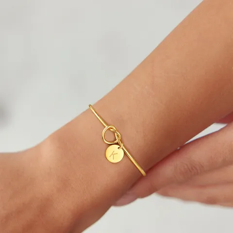 Stainless Steel Knot Bangle Bracelet With Round Initial Letter Pendant Gold Plated Adjustable Open Bangle For Women Jewelry