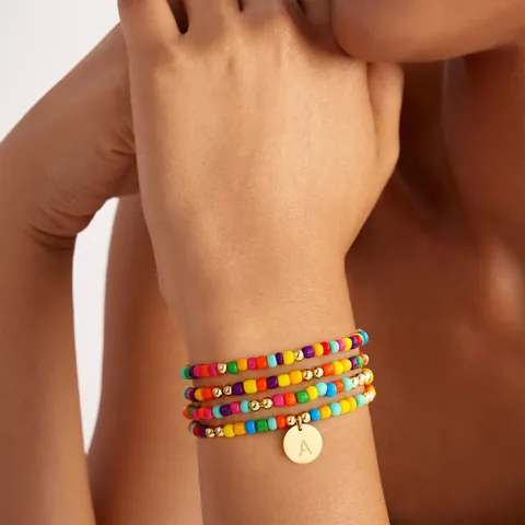 Bohemian Multicolor Seed Bead Bracelet Set For Women Stainless Steel Gold Letter Pendant Rainbow Beaded Bracelets Jewelry