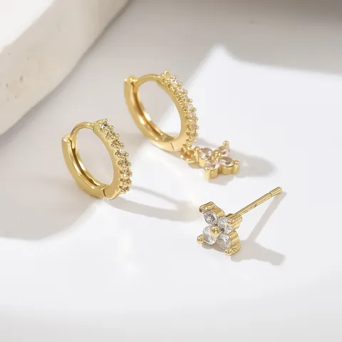 Fashion Copper Zirconia Geometric Earring Set For Women Gold Plated Flower Stud Hoop Earrings With Stainless Steel Post