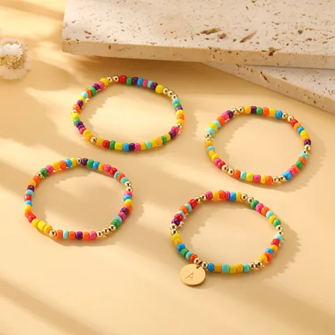 Bohemian Multicolor Seed Bead Bracelet Set For Women Stainless Steel Gold Letter Pendant Rainbow Beaded Bracelets Jewelry