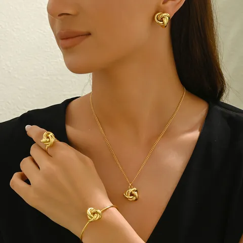 Conjunto de Joyería Nudo de Amor en Aleación de Zinc Chapado en Oro Plata para Mujer Minimalista Giro Collar Pendientes Pulsera Anillo