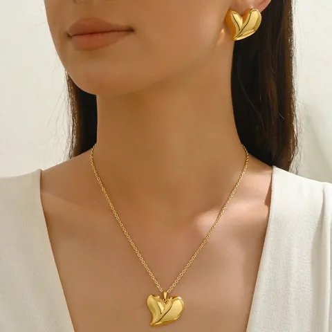 Vintage Gold Plated Alloy Necklace And Earrings Jewelry For Women Geometric Heart Shell Floral Pendant Commuter Accessories