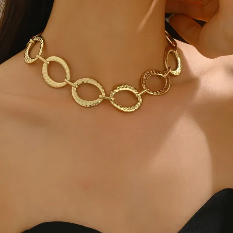 Damen Gold Grobe Kette Halskette Vintage Gehämmert Textur Geometrisch Oval Glied Choker Zinklegierung Schmuck